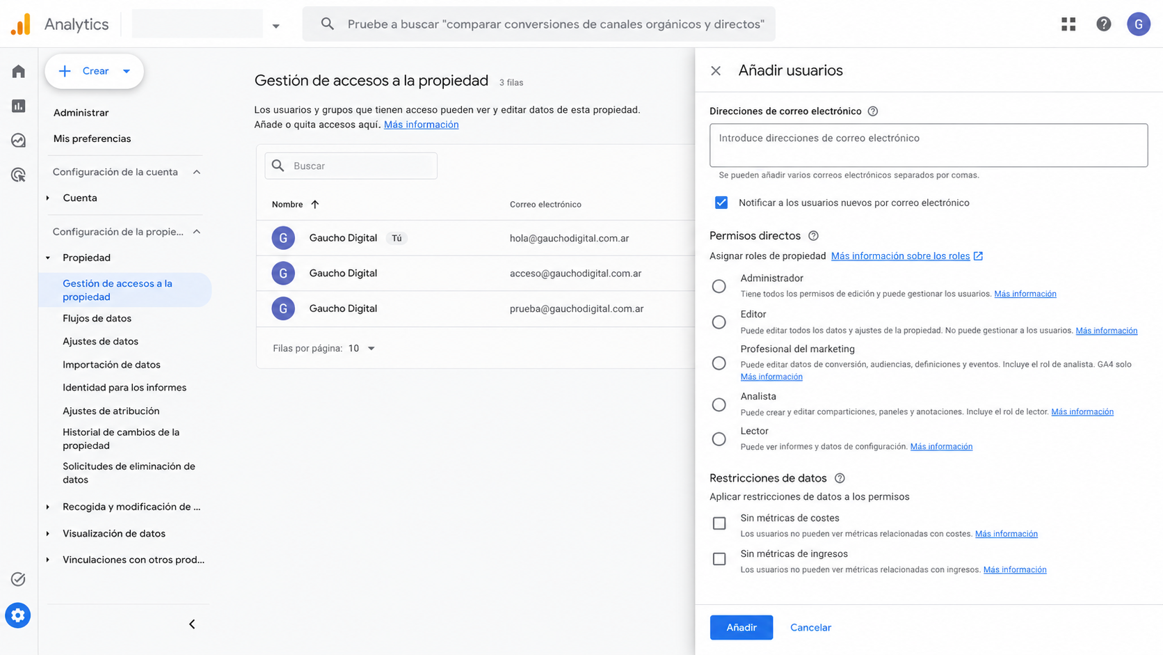 Formulario para añadir un nuevo usuario y asignar roles y restricciones de datos en Google Analytics 4
