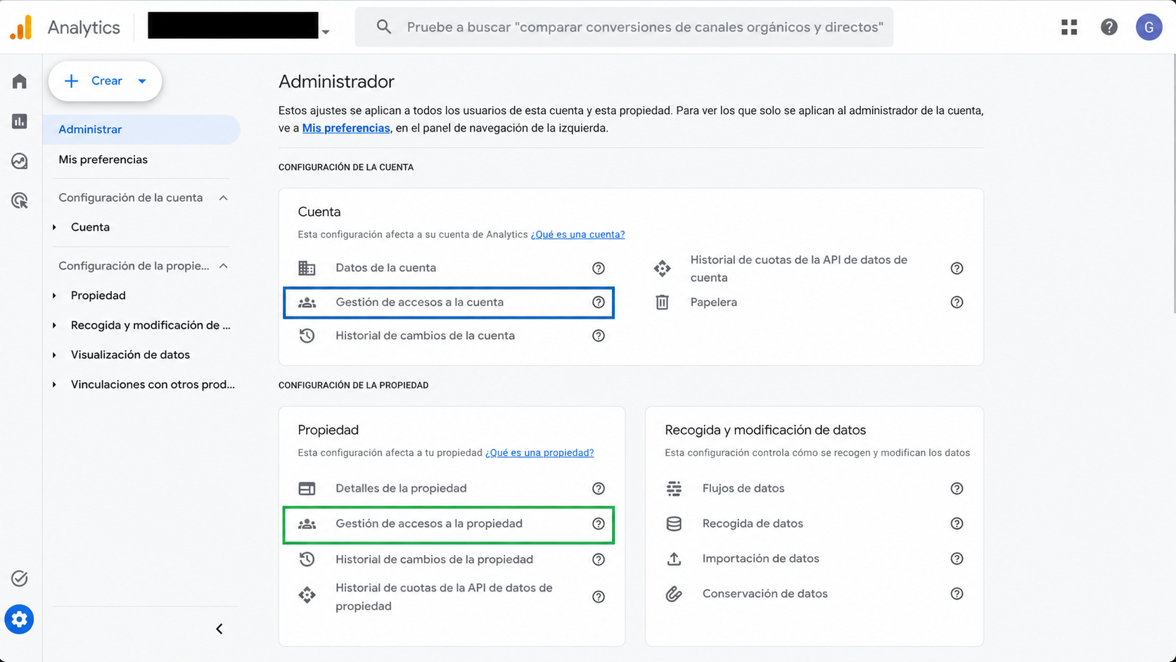 Panel Administrador de Google Analytics 4 con los bloques Configuración de la cuenta y Configuración de la propiedad